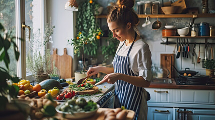 woman cooking in her kitchen surrounded by mediterranean food ingredients in front of a large window