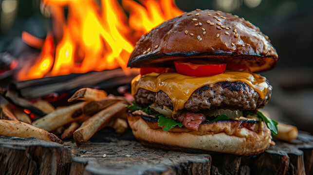 side shot of grilled hamburger with sesame bun and a pile of golden French fries next to an outdoor fire 