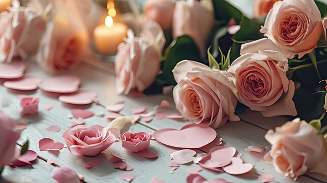valentines day and romance with soft pink roses and cutout pink paper hearts banner 