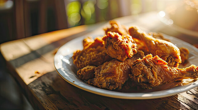 plated pile of golden fried chicken on a southern table with sunlight streaming over the food