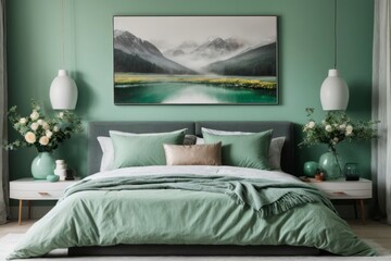 Interior home design of modern bedroom with green bed and flower wall painting on green wall