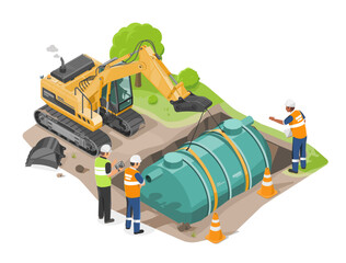 engineer work with worker to install wastewater treatment system tank building construction concept isometric isolated cartoon vector - obrazy, fototapety, plakaty