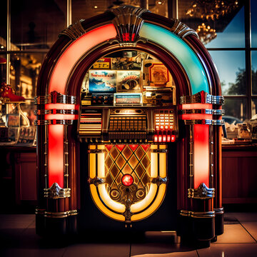A retro diner jukebox playing classic tunes.