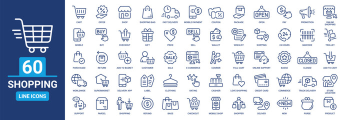 Shopping icon set. Containing cart, shop, offer, delivery, e-commerce, buy, product, customer, online shopping and more. Outline vector icons collection.