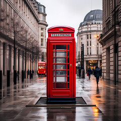 A classic red London phone booth in a modern city.