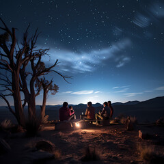 A group of friends stargazing in a remote location.