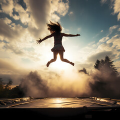 A person jumping on a trampoline with joy.