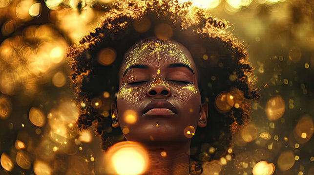 young black woman meditating in a flower field surrounded by golden glow of sunlight and floating golden manifesting particles
