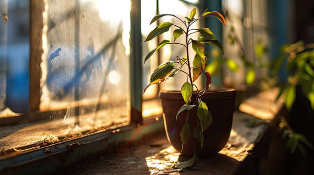 neglected house plant in a rundown window with morning light streaming through