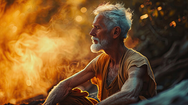 older Caucasian man peacefully meditating alone in golden light nature setting
