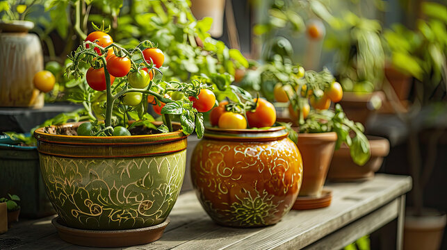 potted tomato plants in beautiful pots 