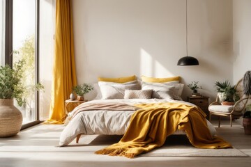 Bohemian interior home design of modern bedroom with white bed and yellow blanket, white wall