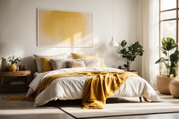 Bohemian interior home design of modern bedroom with white bed and yellow blanket, white wall