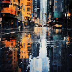 Abstract reflections in a rain-soaked urban setting.