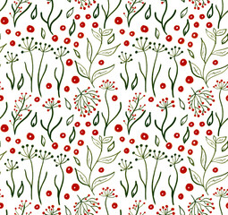 Seamless pattern of various plants - branches with leaves and berries. Hand drawn colorful trendy botanical illustration. Herbal tea and floral doodle set.