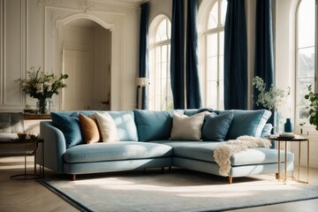 Interior home design of modern living room with classic room and blue sofa