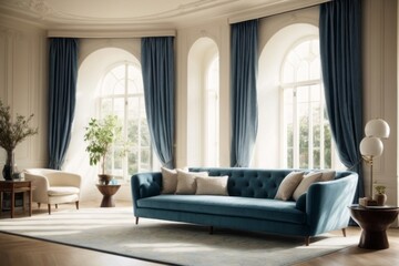 Fototapeta premium Interior home design of modern living room with classic room and blue sofa