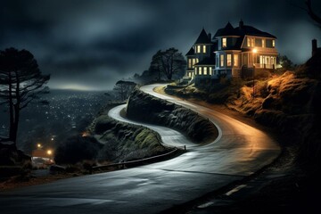 A curving street with a house on a hill at night, light streaks in the front, and gloomy sky. Generative AI