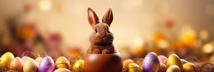 little cute brown bunny sitting inside a chocolate easter egg with colourful eggs next to him...