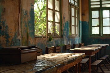 Fototapeta na wymiar empty old classroom with big windows and wooden desks
