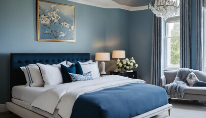 Bedroom ambiance: blue bed linen on sofa, flowers, candles, bedding, and large window