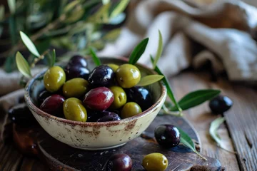 Foto op Plexiglas fresh ripe black and green olives on a wooden table © Elena