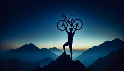 Cyclist silhouette with bicycle raised to the sky on a mountain, symbolizing victory - obrazy, fototapety, plakaty