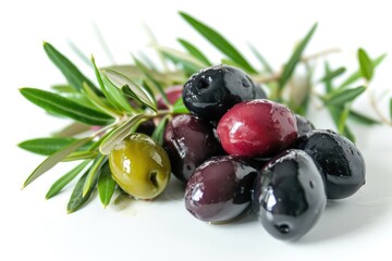 fresh ripe green and black olives on white background
