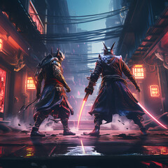 Cyberpunk samurai duel in a neon-lit alley