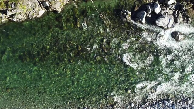Aerial-view-of-river-drone-vertical-zenit