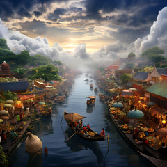 Floating market in a city above the clouds. - obrazy, fototapety, plakaty