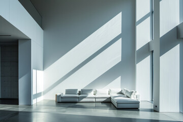 A modern living room with high ceiling, a pure white wall and furnitures, sunlights  from windows...