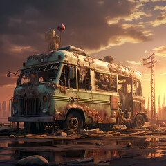 Fototapeta na wymiar Ice cream truck in a post-apocalyptic world