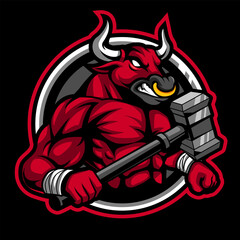 angry bull mascot with hammer weapon
