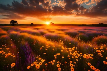An awe-inspiring sunset over a vast field of blooming wildflowers, with rays of golden light streaming through fluffy clouds