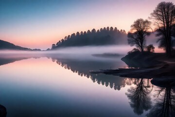 A serene lakeside view at dawn, with a mirror-like surface reflecting a vibrant sky filled with...