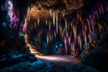 A mystical cave with shimmering walls adorned with thousands of glowing crystals.