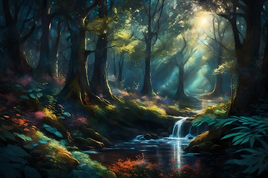 A mesmerizing digital painting capturing a mystical forest bathed in ethereal moonlight
