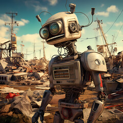 Retro robot exploring a junkyard of old technology