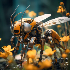 Robotic bee pollinating futuristic flowers.