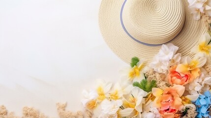 Free space for text .Beach accessories are lined up on the sand, flat lay.