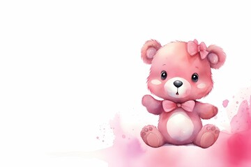Watercolor baby pink girl teddy bear wearing bow  sitting with blank space for decoration background