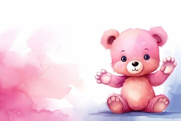 Watercolor lovely pink baby girl teddy bear sitting in blank space background wallpaper cover design