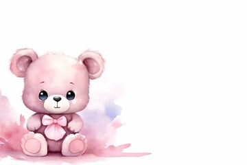 Watercolor little pink baby girl teddy bear wearing bow on white empty background for kid concept