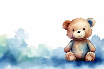 Watercolor brown teddy bear sitting in blue stain and blank space painting background design cover