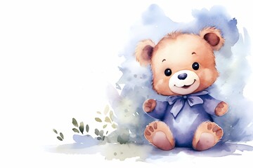 Watercolor happy purple teddy bear wearing bow sitting on empty white background for card design