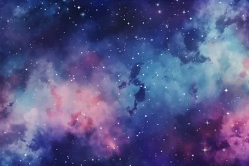 Fototapeten Watercolor abstract blue, pink and purple cosmic galaxy with glittering star universe background  © khanh my
