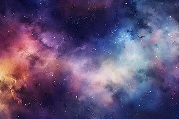 Naklejka premium Watercolor deep galaxy space with vivid neon colors and shiny stars illustration background wall art