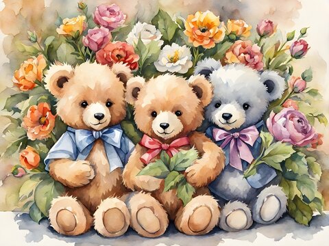 Watercolor teddy bears sitting in flower garden background for baby invitation template design cover