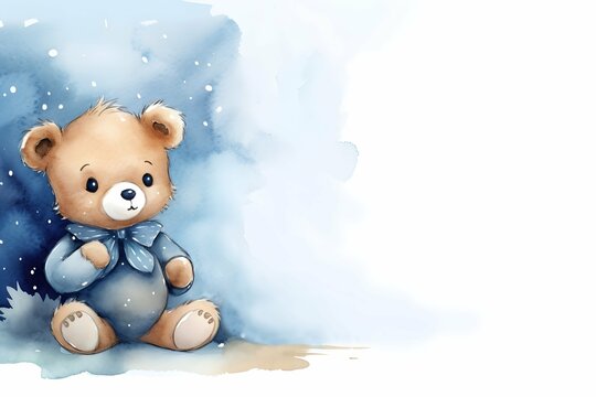 Watercolor cute blue baby boy teddy bear on white blank background for birthday childhood concept